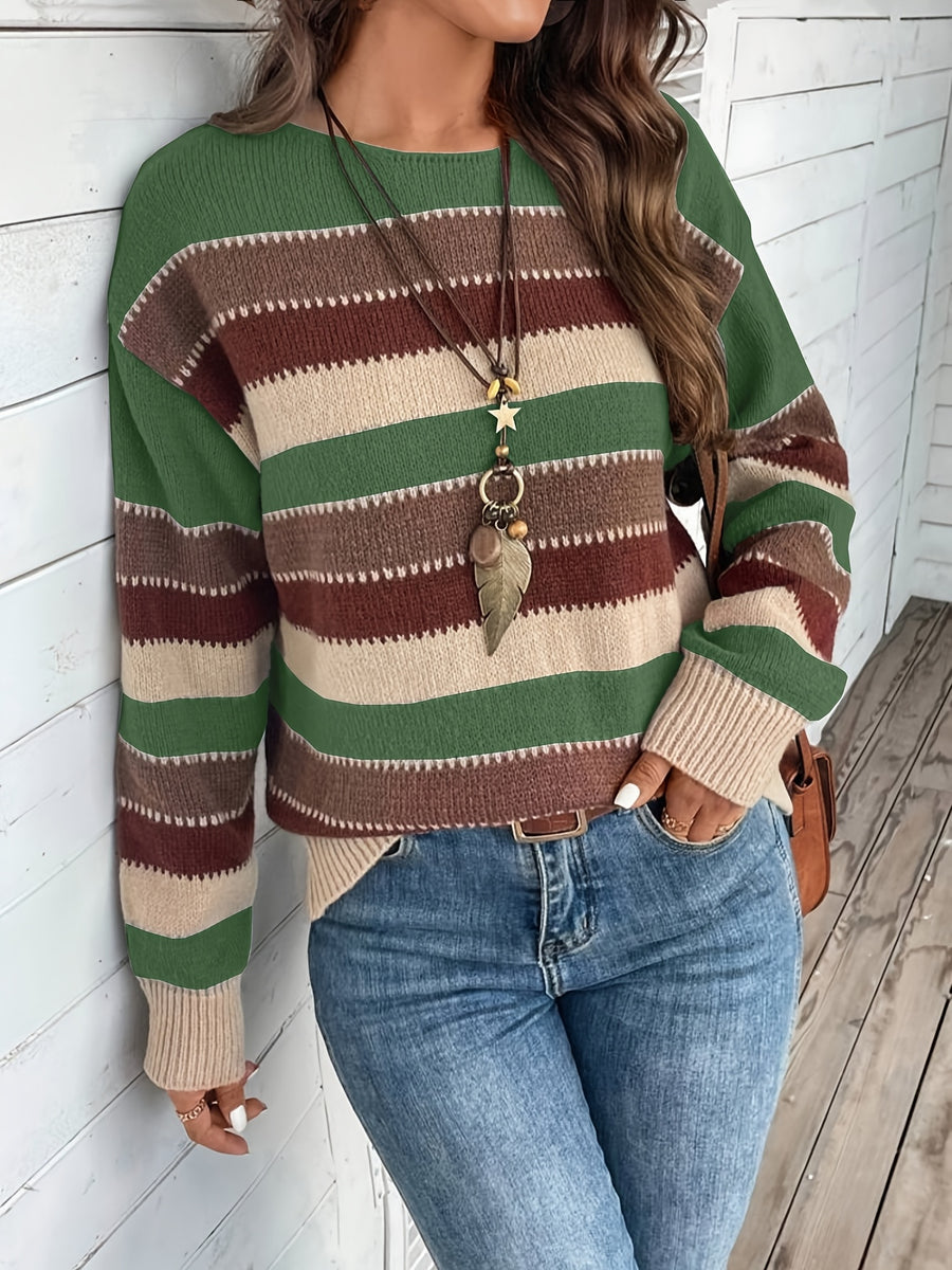 Women's Vintage Casual Sweater - Soft Medium-Stretch Round Neck Long Sleeve, Horizontal Striped Loose Fit Pullover for All-Season Comfort & Everyday Elegance, Cute Sweaters, Elegant Layering Piece, Durable Knitwear - Bean Green