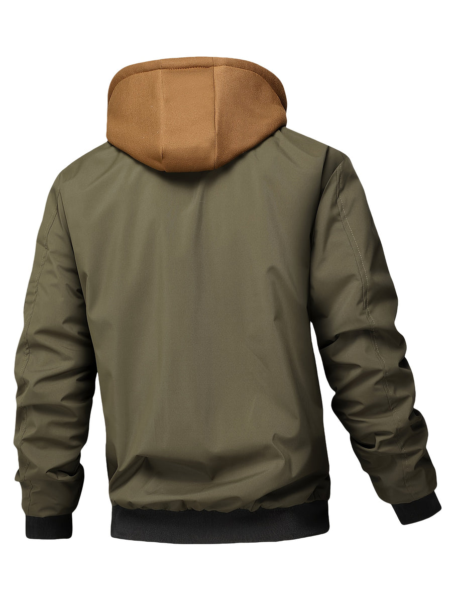Spring Autumn Men'S Jacket Outerwear Plaid Hooded Cardigan Sports Casual Preppy Fashion - Olive Green Color