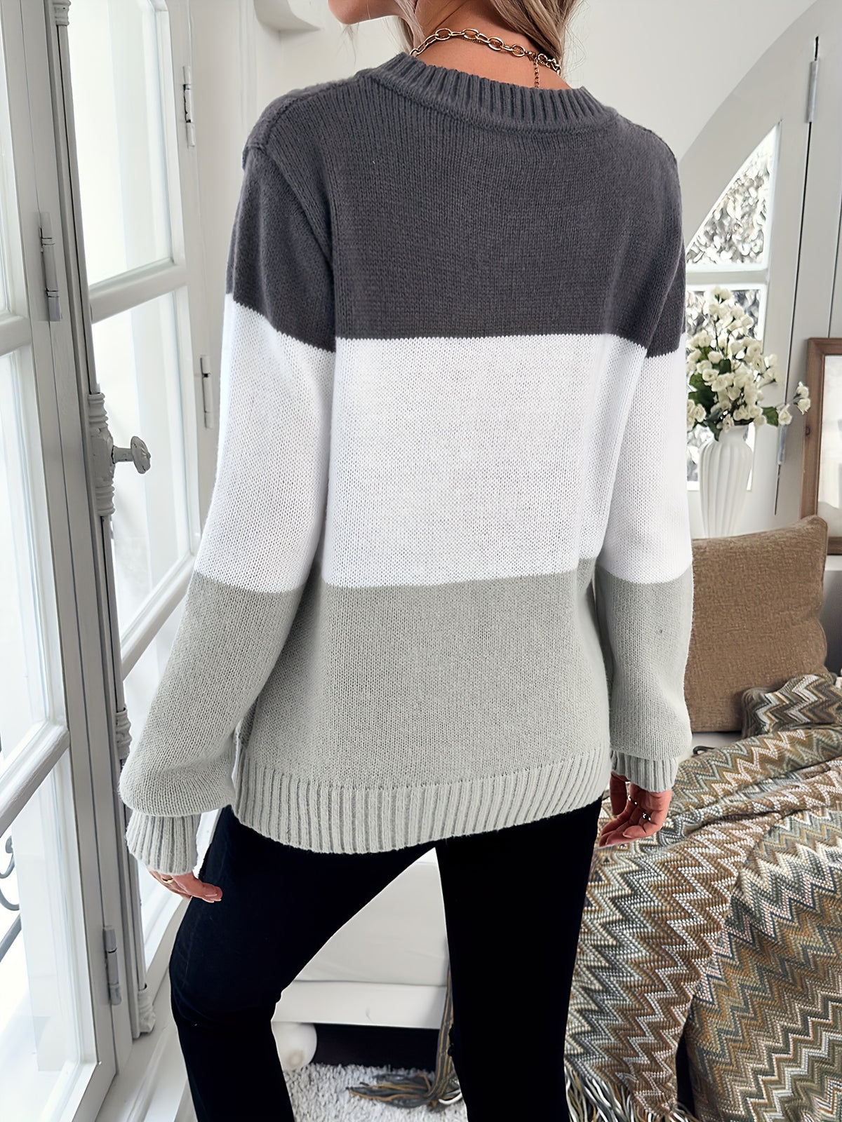 Women's Elegant Color-Block Striped Sweater - Round Neck Non-Stretch Fall Winter Pullover, Versatile Casual & Formal Tops with Grey & White Stripes, Formal Wear Women, Elegant Texture, Comfortable Wear - Mixed Color