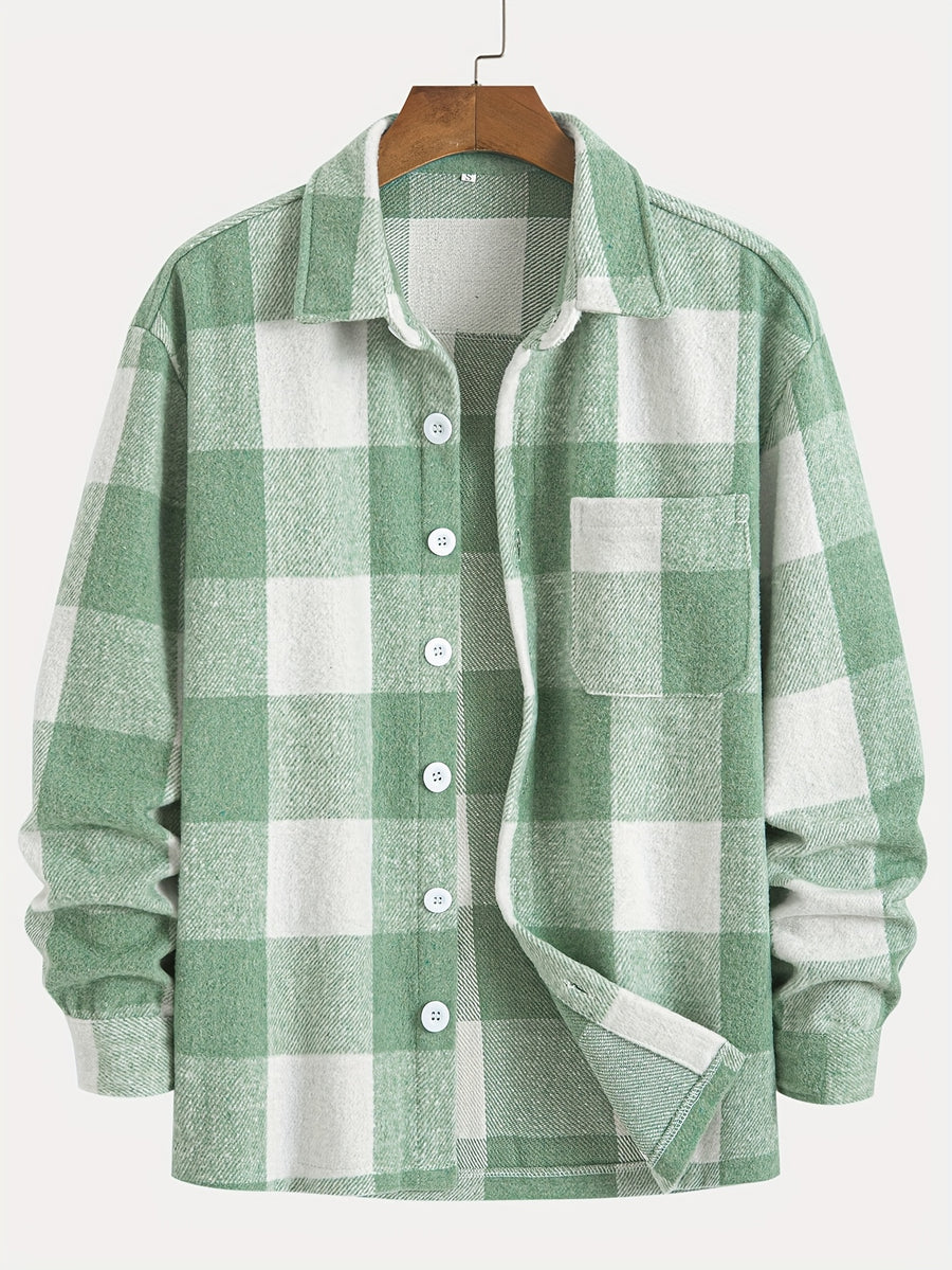 1pc of Plaid Casual Jacket, Casual Sports Jacket, Lapel Button Cardigan Jacket - Green