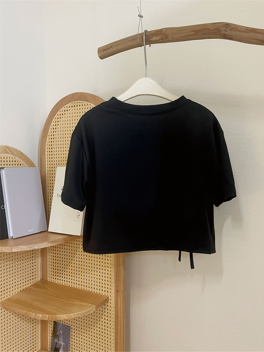 1pc of New Women's Short-sleeve Round-neck T-shirt with Cat Print and Drawstring - Black