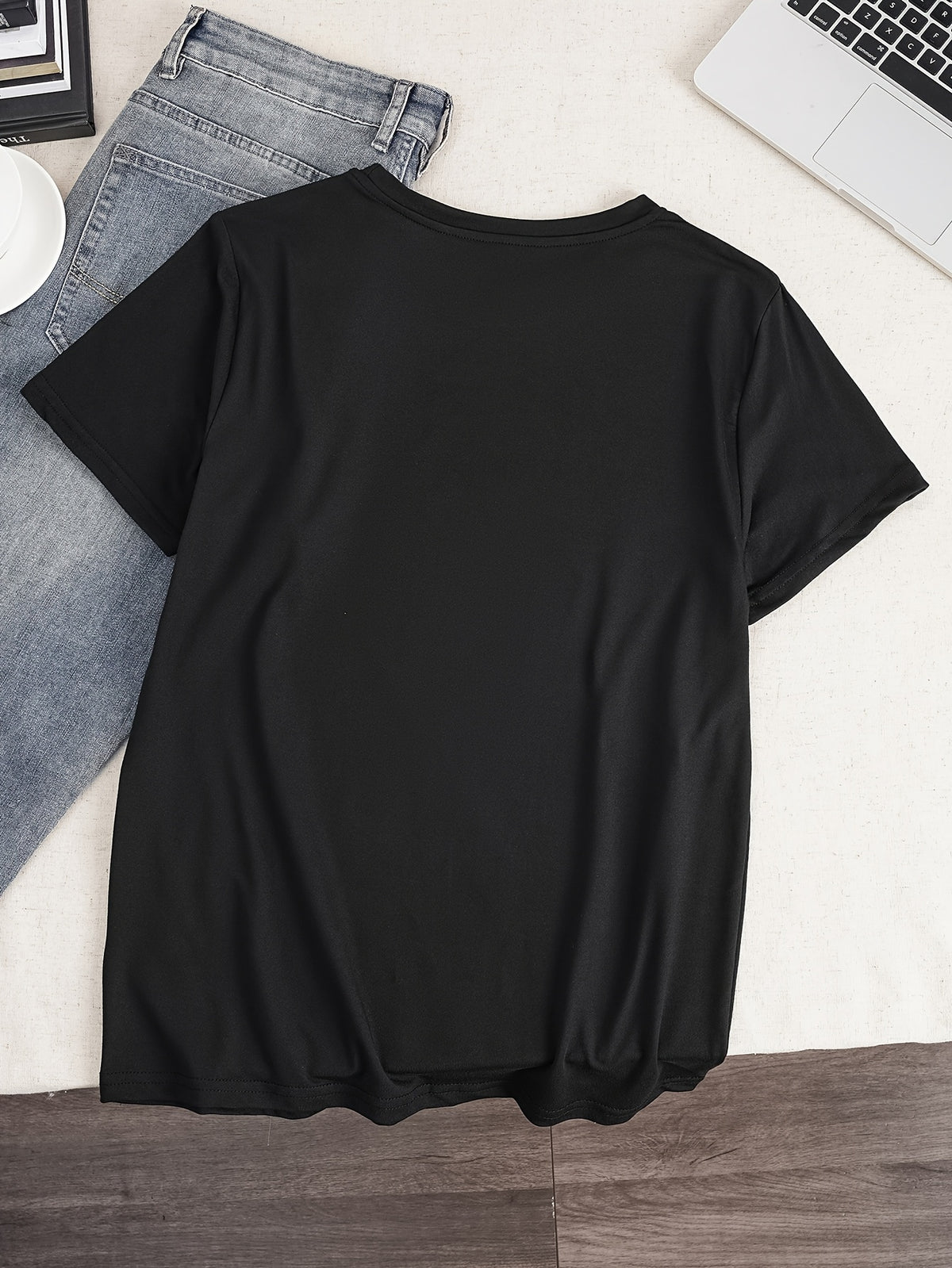 Graphic Print T-Shirt, Short Sleeve Crew Neck Casual Top for Summer & Spring, Women'S Clothing - Black