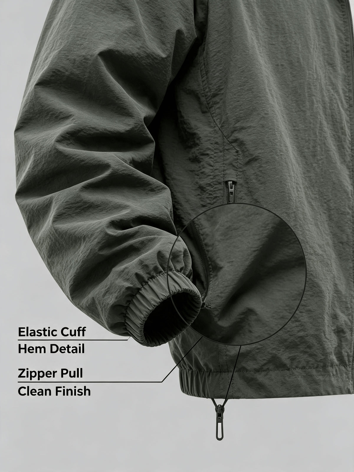 Men'S Lightweight Stand Collar Windbreaker Zip-Up Casual Jacket with Elastic Cuff, Outdoor Sports Coat - Olive Green Color