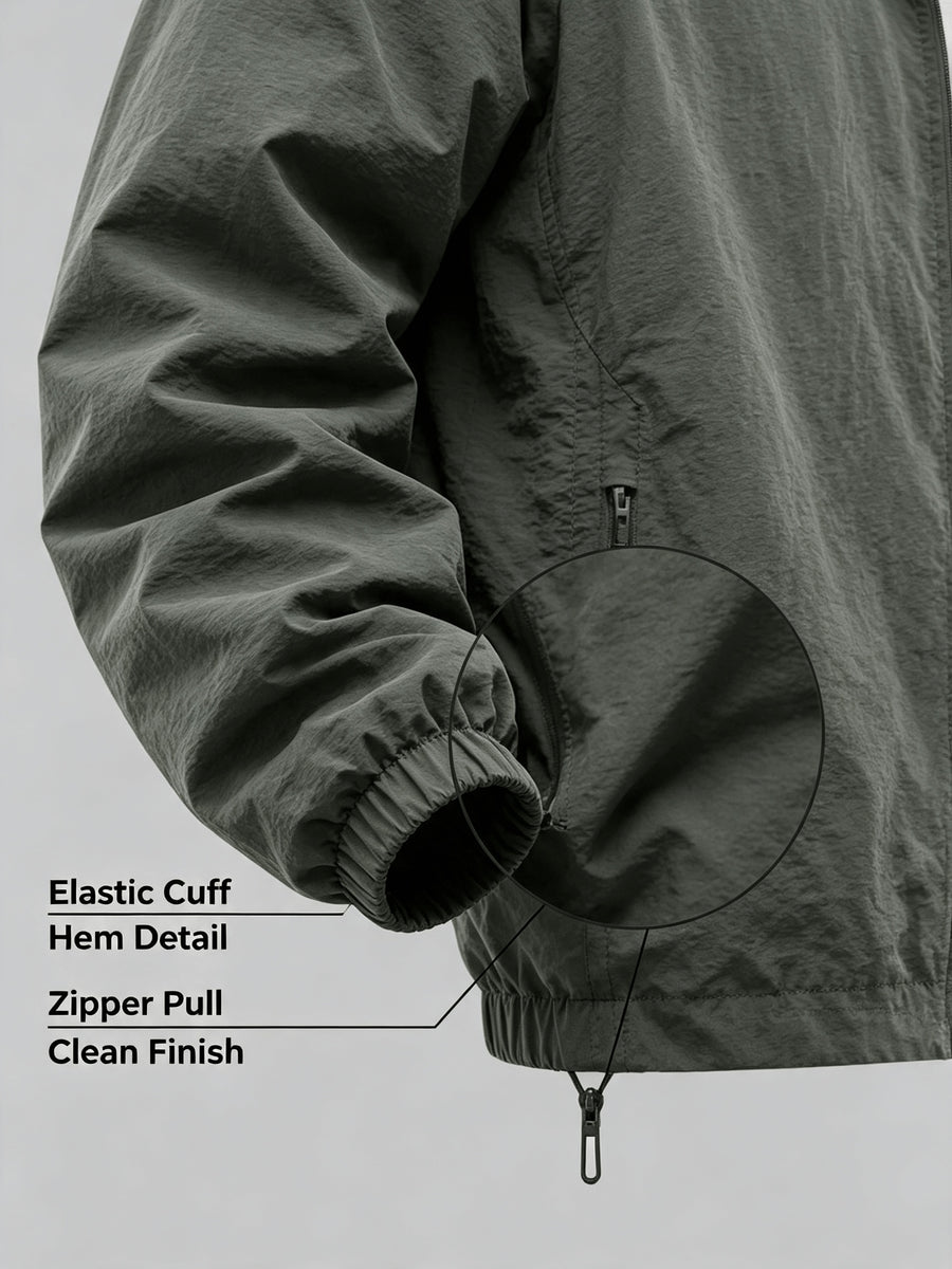 Men'S Lightweight Stand Collar Windbreaker Zip-Up Casual Jacket with Elastic Cuff, Outdoor Sports Coat - Olive Green Color