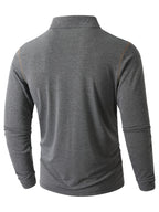 KJ-P029 Men's Long Sleeve Henley Shirt with Contrast Color Placket and Pocket Design, Stretchy, Comfortable, and Casual Polo for Daily Commuting Wear - Dark Gray