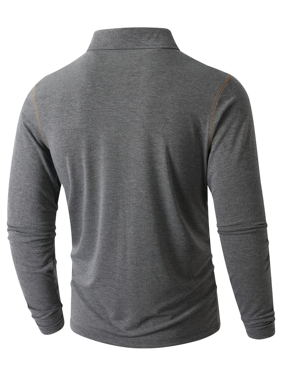 KJ-P029 Men's Long Sleeve Henley Shirt with Contrast Color Placket and Pocket Design, Stretchy, Comfortable, and Casual Polo for Daily Commuting Wear - Dark Gray