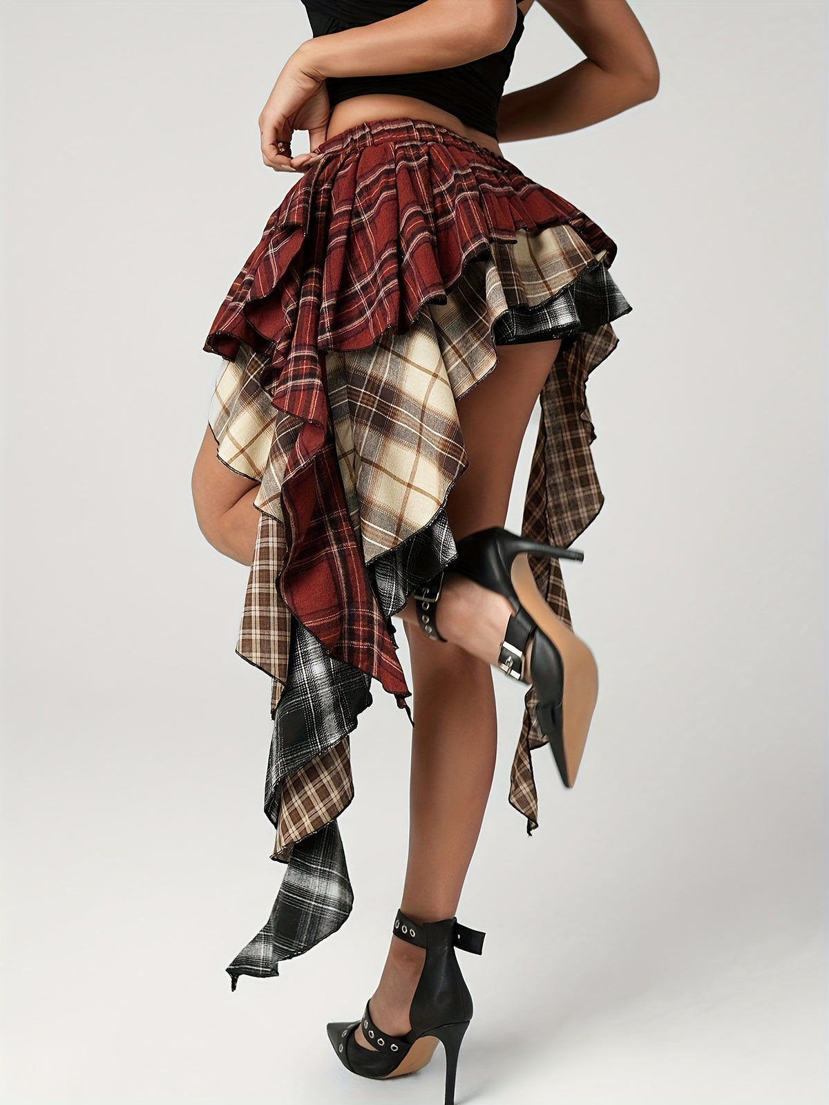 European And American Hot Plaid Patchwork Short Skirt, Asymmetric Hem Multi-Layer Overlapping Midi Skirt, Streamer-Styled Skirt - Mixed colors