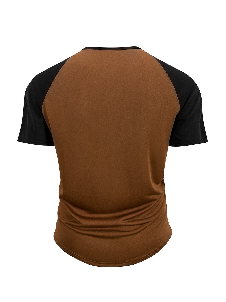 1 Men's Summer V-Neck Casual T-Shirt, Breathable and Lightweight Street Fashion Short-Sleeve Top, Daily Office Business Contrast Color Design Henley Shirt with Button- Collar, Suitable for Outings, Home, Work, Travel, Cycling, and Streetwear - Brown