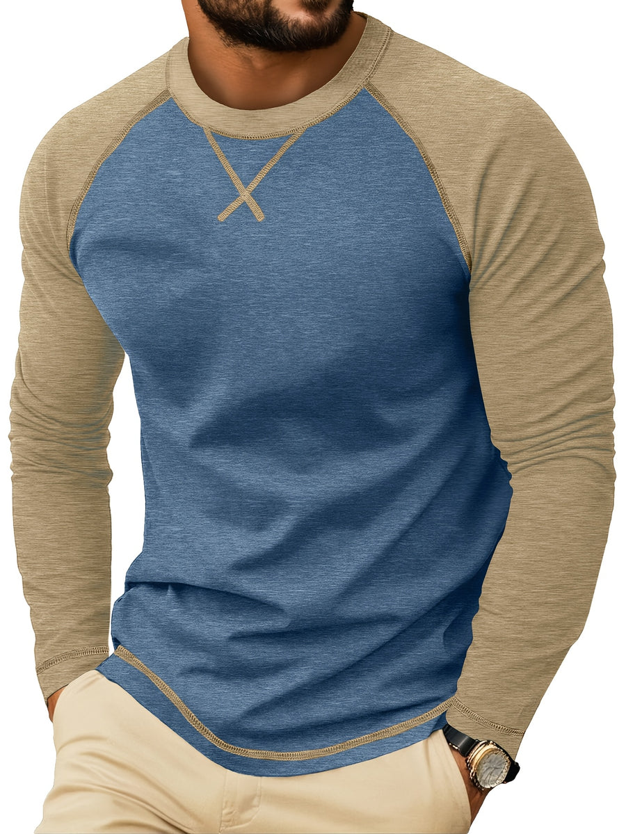 Cross-Border Men'S Long Sleeve Round Neck T-Shirt, Export European And American Men'S Clothing Color-Block Top Base Layer - Blue
