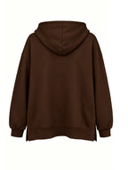 Women'S Fashion Hooded Sweatshirt for Autumn And Winter - Pattern Print Design, Side Slit Detail, Pullover Hoodie - Dark Brown