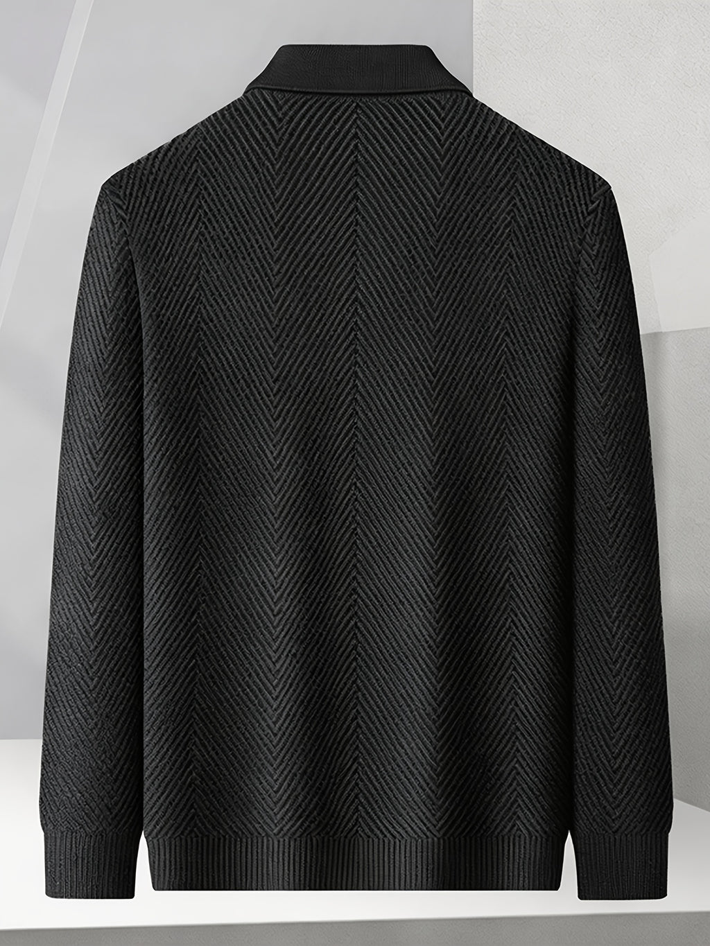 Men's Winter Loose-Fit Polo Lapel Full-Zip Knit Cardigan, Drop-Shoulder Thickened Outerwear, Streetwear Casual Style, Knit Top for Daily Outings - Black