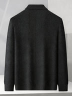 Men's Winter Loose-Fit Polo Lapel Full-Zip Knit Cardigan, Drop-Shoulder Thickened Outerwear, Streetwear Casual Style, Knit Top for Daily Outings - Black