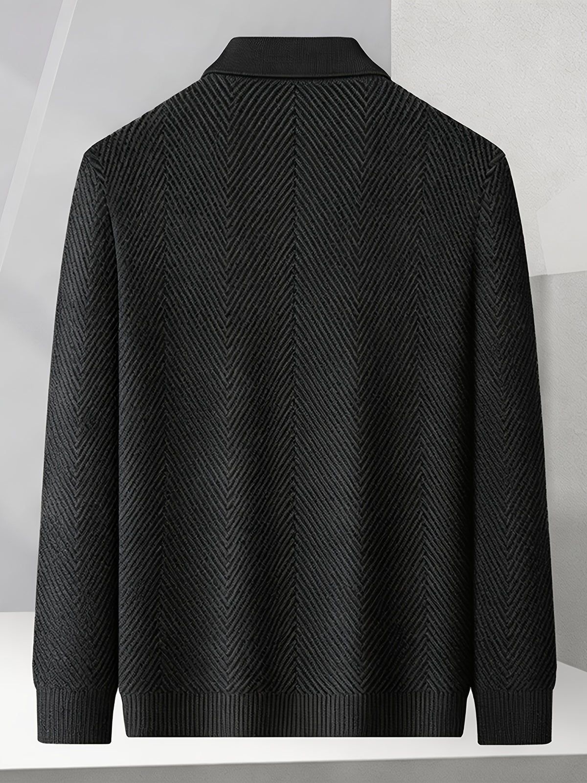 Men's Winter Loose-Fit Polo Lapel Full-Zip Knit Cardigan, Drop-Shoulder Thickened Outerwear, Streetwear Casual Style, Knit Top for Daily Outings - Black