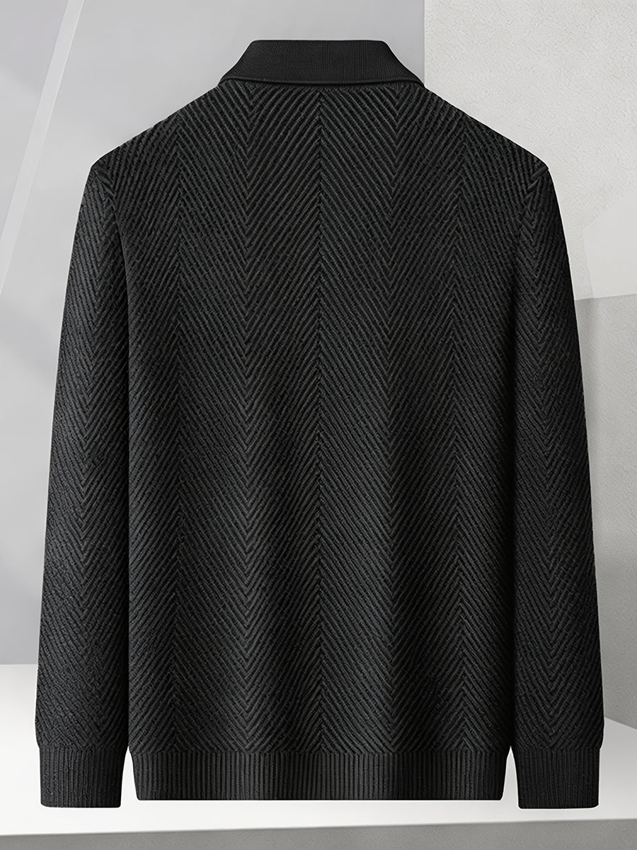 Men's Winter Loose-Fit Polo Lapel Full-Zip Knit Cardigan, Drop-Shoulder Thickened Outerwear, Streetwear Casual Style, Knit Top for Daily Outings - Black