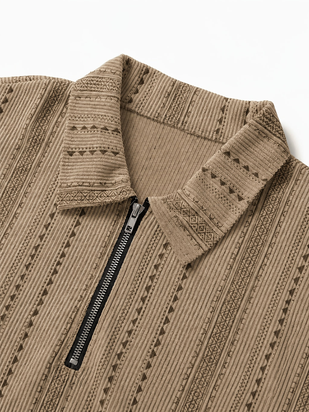 Men's Summer Knit Polo Shirt, Fashion Vertical Jacquard Stripe, Half-Zip Geometric Texture, Suitable for Trips, Business Occasions & Evening Dates - Men's Knitted Polo Shirt (Tan)