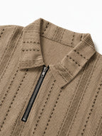 Men's Summer Knit Polo Shirt, Fashion Vertical Jacquard Stripe, Half-Zip Geometric Texture, Suitable for Trips, Business Occasions & Evening Dates - Men's Knitted Polo Shirt (Tan)