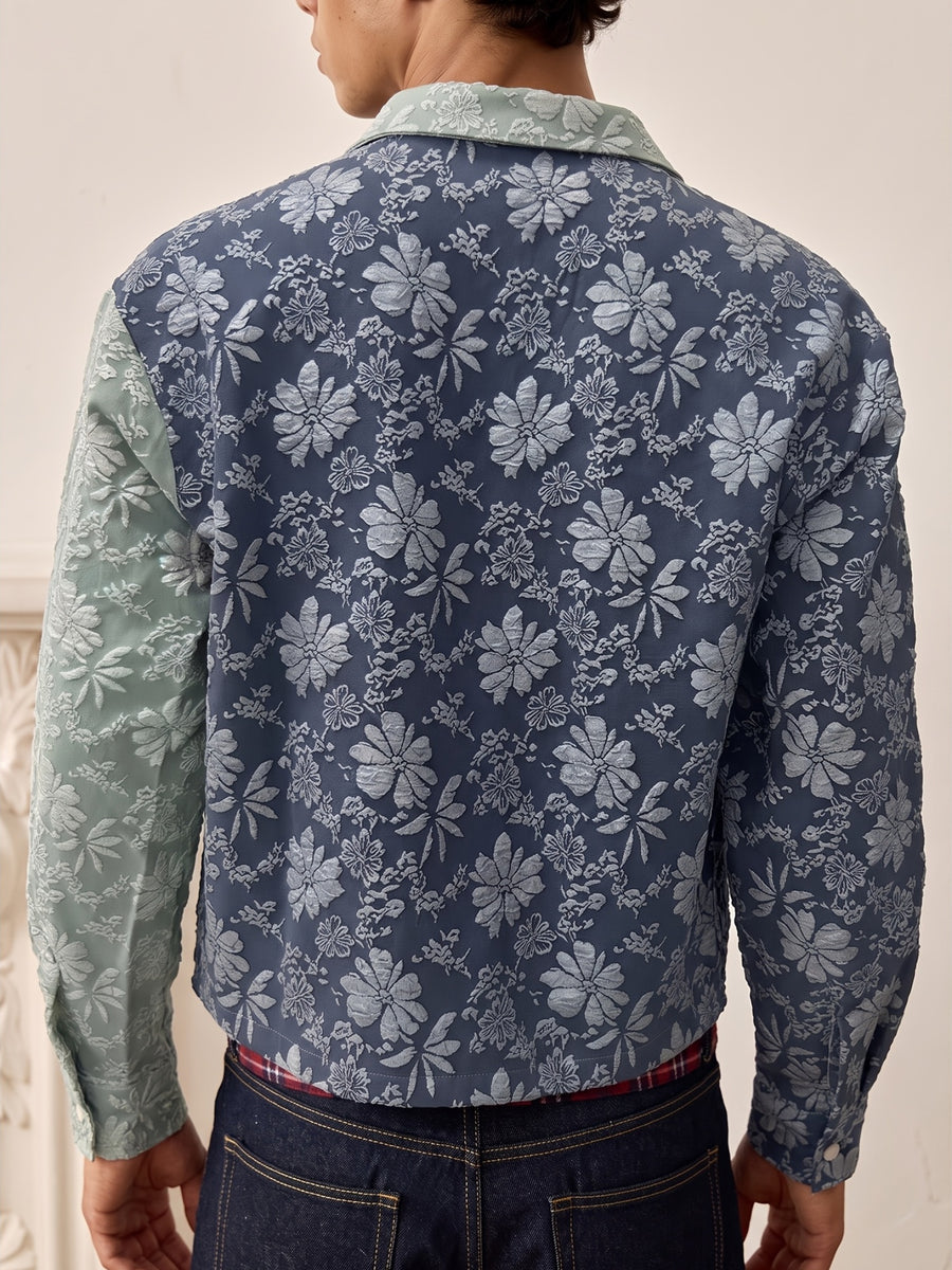 Men'S Shirt Contrast Color Patchwork Jacquard Fabric Trendy Fashion Casual Street New Short Length Spring Autumn Men'S Casual Shirt - Sea Blue