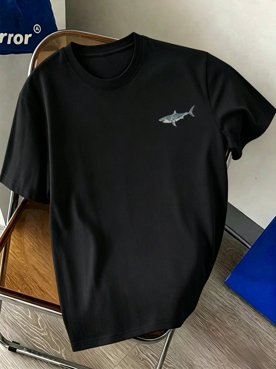 New Men's 100% Pure Cotton T-Shirt with Shark Print, Comfortable and Breathable, Versatile for Summer Casual Wear - Black