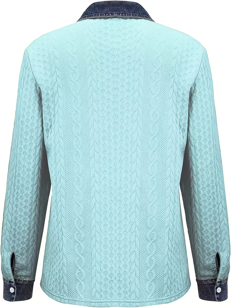 [Printed Pants - Not Faux Denim Fabric]Autumn Women'S Faux Denim Non- Patchwork Jacquard Sweatshirt Cardigan Long Sleeve Top - Light Blue