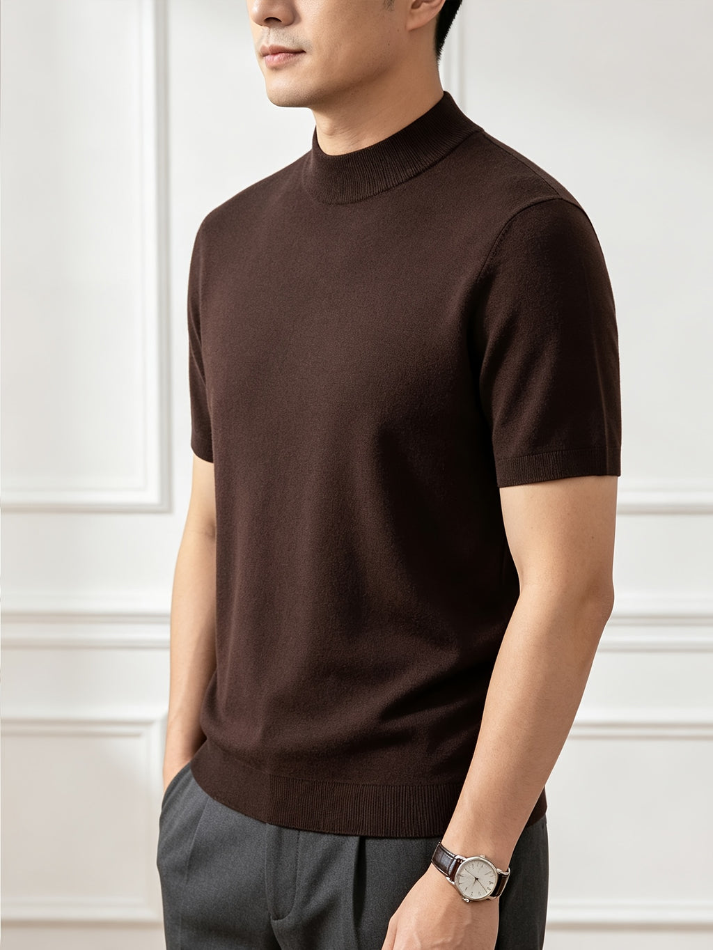 Men'S Solid Mock Neck Short Sleeve Knit Sweater, Soft Skin-Friendly Wool Blend Pullover, Stretch Slim Fit Basic Knit Top, Rib Neck Cuff, Business Commute Daily Casual Shirt, Versatile Inner And Outer Wear Men Base Layer - Dark Coffee Color