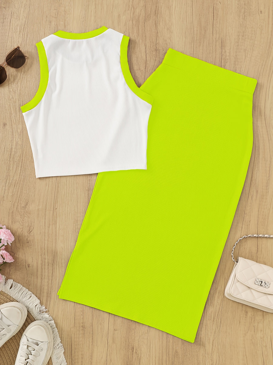 Women'S Sleeveless Vest And Slit Skirt Set - Fluorescent Green