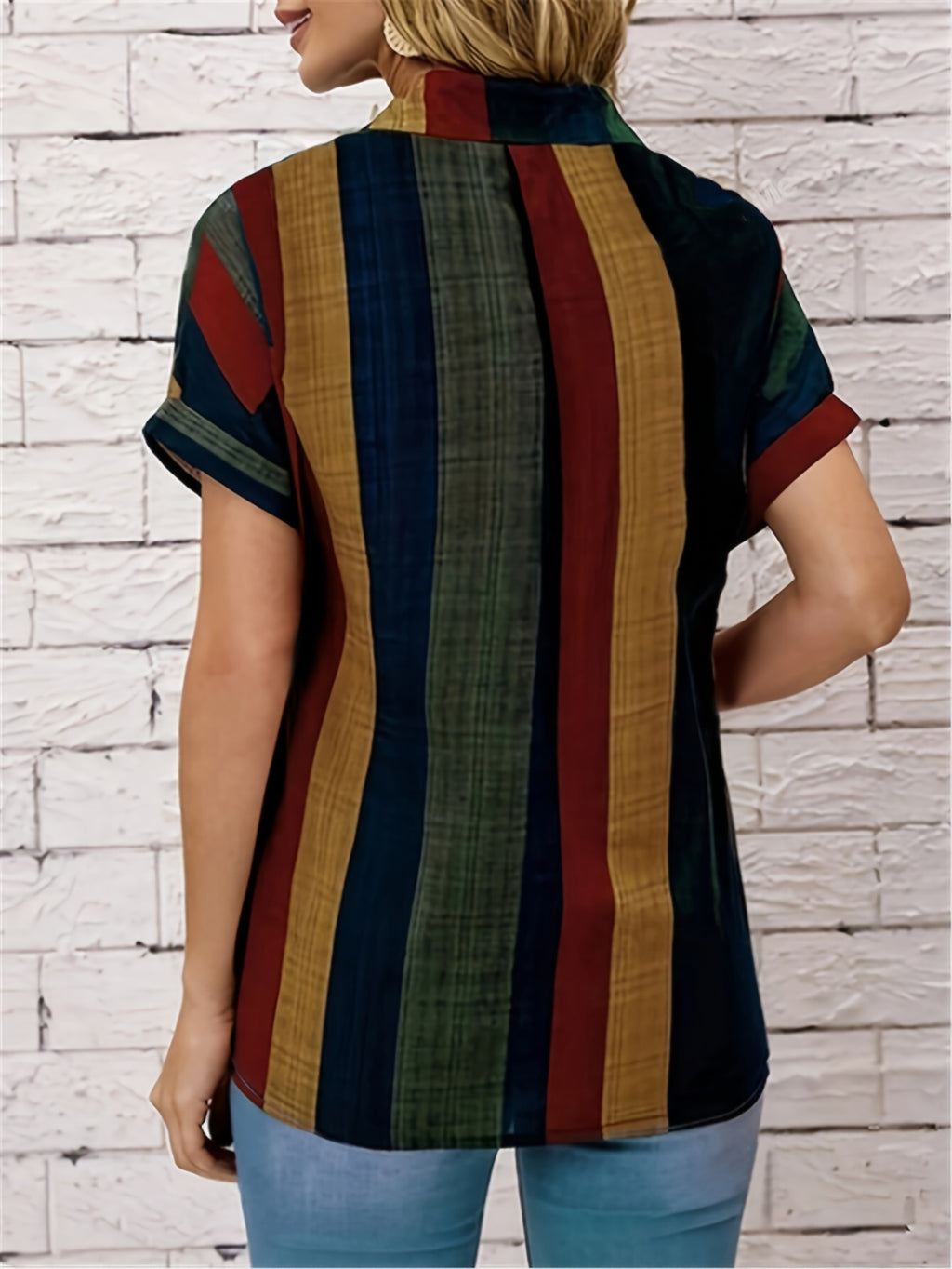 Elegant Women's V-Neck Striped Shirt with Chest Pockets - Multi-Color Horizontal Stripes, Button-Up Blouse, Machine Washable, All-Season Versatile Top for Casual & Professional Wear - Multicolor