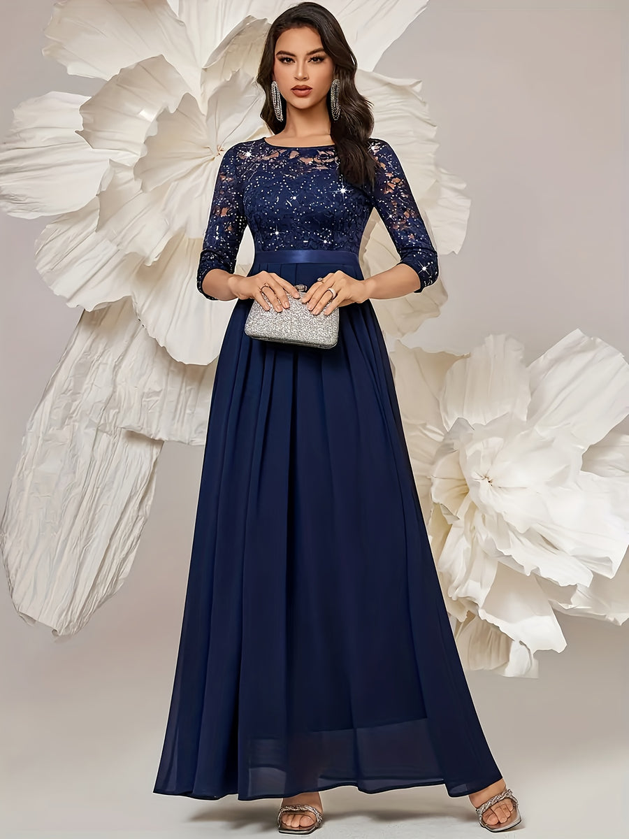 Women'S Elegant Lace Sequin Dress, Waist Tapered Satin Ribbon Patchwork, Underskirt Chiffon Pairing, Showcasing Flowy - Royal Blue