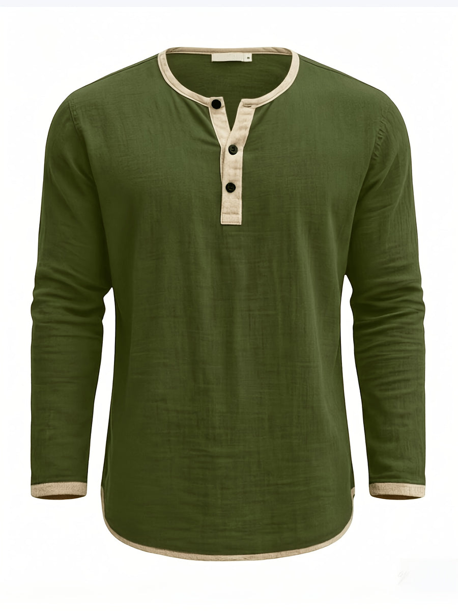 Men'S Retro Color Block Casual Henley Crewneck T-Shirt in Linen, Vintage T-Shirt for Men - Olive Green
