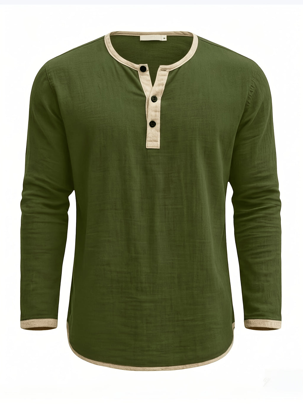 Men'S Retro Color Block Casual Henley Crewneck T-Shirt in Linen, Vintage T-Shirt for Men - Olive Green