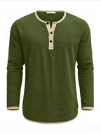 Men'S Retro Color Block Casual Henley Crewneck T-Shirt in Linen, Vintage T-Shirt for Men - Olive Green