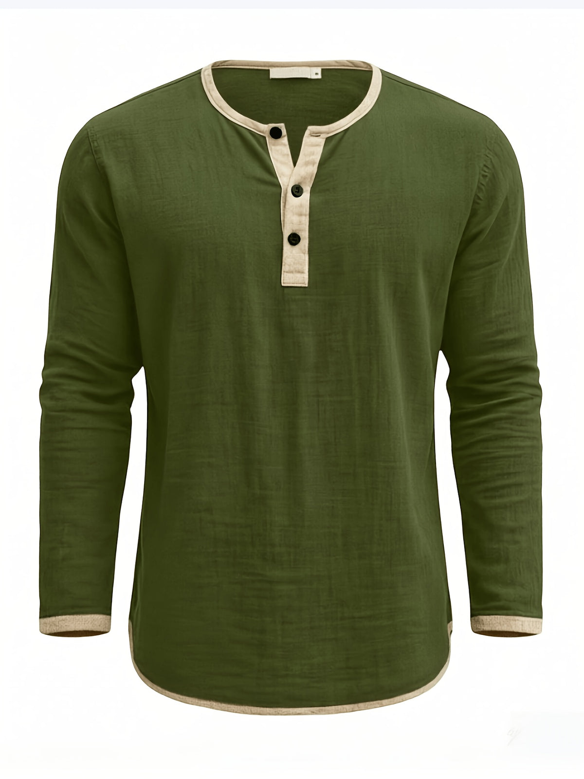 Men'S Retro Color Block Casual Henley Crewneck T-Shirt in Linen, Vintage T-Shirt for Men - Olive Green