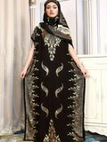 Middle Eastern Muslim Long Kaftan Dress with Tassel Headscarf Set, Elegant Round Neck Batwing Sleeve Dress, Women's Loose Shawl Cover-Up - Champagne