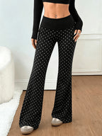 Women'S Casual Leopard Print Waist-High Contrast Black Flare Pants, Fashionable Textured Pattern Trousers, Leopard Print Trousers, Black Flare Pants, Cheetah Pattern Bottoms, Flare Leggings, Black Pants - Black Dots