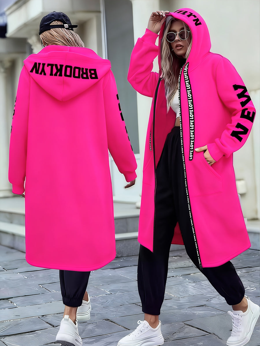 Women's New York & Love Letter Print Hooded Jacket with NYC Zipper Hoodie - Cozy Winter Outerwear, Pockets, Machine Washable Swe Coat for Casual or Office Wear - Dark Pink