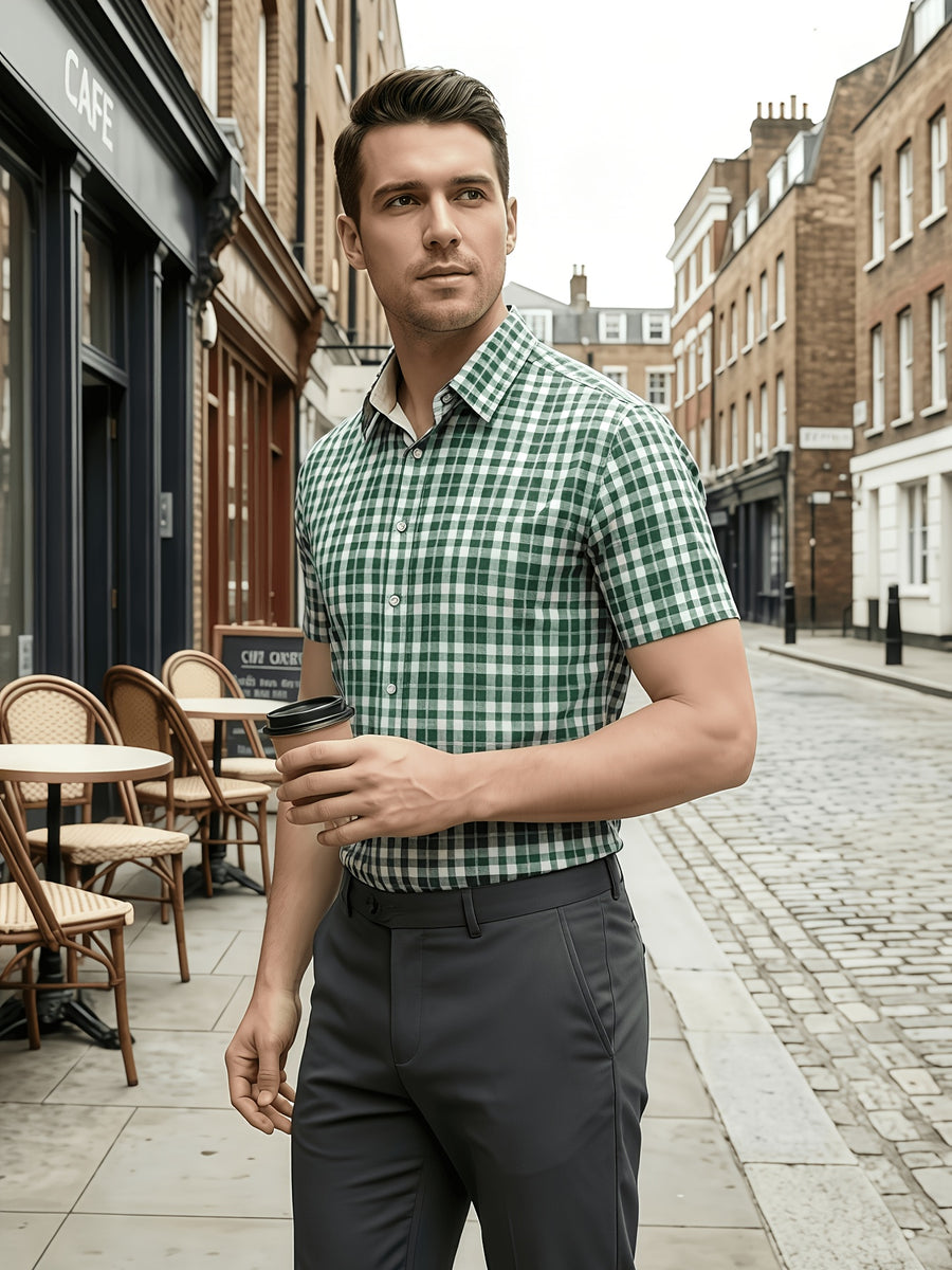 Multi-Color Plaid Men'S Short Sleeve Shirt 4pcs Set, Christmas Gift, Holiday Wear, Office, Date Night, Easy Fit with Festive Style, Casual Wear, Full Holiday Atmosphere, Easy to Get Festive Photos, Easy Cut, Versatile for Layering And Single Wear - Green+Pink+Silvery Gray+Dark Blue
