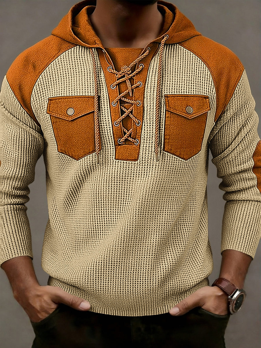 [Starry OBM] Men'S Spring/Summer New Fashion Textured Drawstring Hooded Polo Shirt, Men'S Hooded Pullover, Shoulder Panel Design Top, Multifunctional Pocket Design Jacket, Retro Versatile Trendy Fashion Sweatshirt, Men'S Casual Wear, Holiday Gift - Khaki