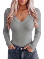 3pcs Set Women'S Fashion Ribbed Top with Lace Trim Basic Comfortable Fitted V-Neck Long Sleeve Tight Blouse Top - White+Light Hemp Gray+Black