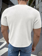 Men's Short-Sleeve Knitted Summer Fashion Jacquard Outerwear Casual Base Layer Solid Color High-Quality Top for Outings, Daily Wear, and Travel Clothing - White