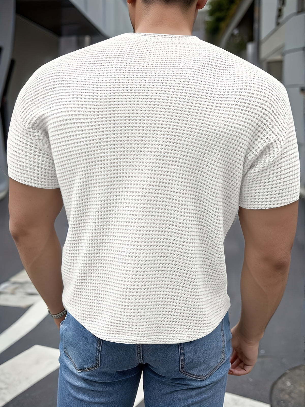 Men's Short-Sleeve Knitted Summer Fashion Jacquard Outerwear Casual Base Layer Solid Color High-Quality Top for Outings, Daily Wear, and Travel Clothing - White