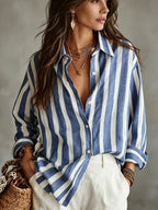 Vintage Vertical Striped Shirt, Women'S Loose Lapel Casual Versatile Open Front Top - Blue