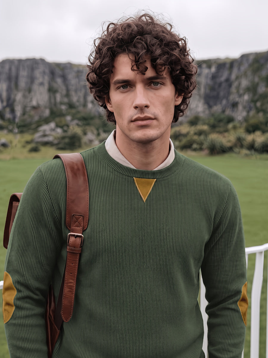 Men'S Corduroy Long-Sleeve Crew-Neck Pullover Leisure Work Outdoor Daily Wear Faux Collar Elbow Patches Design Loose Regular Fit Suitable for Spring, Autumn, And Winter Four Seasons Solid Color Minimalist Tone - Olive Green Color