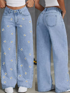 Women's Summer Trendy Daisy Embroidered Denim Wide-Leg Pants - Light Blue