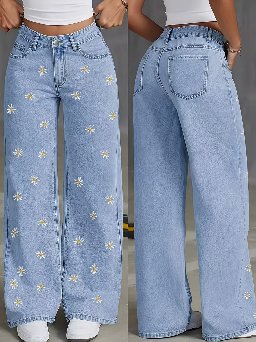 Women's Summer Trendy Daisy Embroidered Denim Wide-Leg Pants - Light Blue