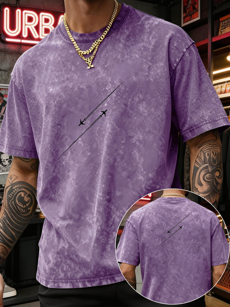 Men'S Heavyweight Washed T-Shirt Minimalist Airplane Line Art Print High Street Vintage Distressed Tee 2026 Summer Casual Urban Wear - Purple