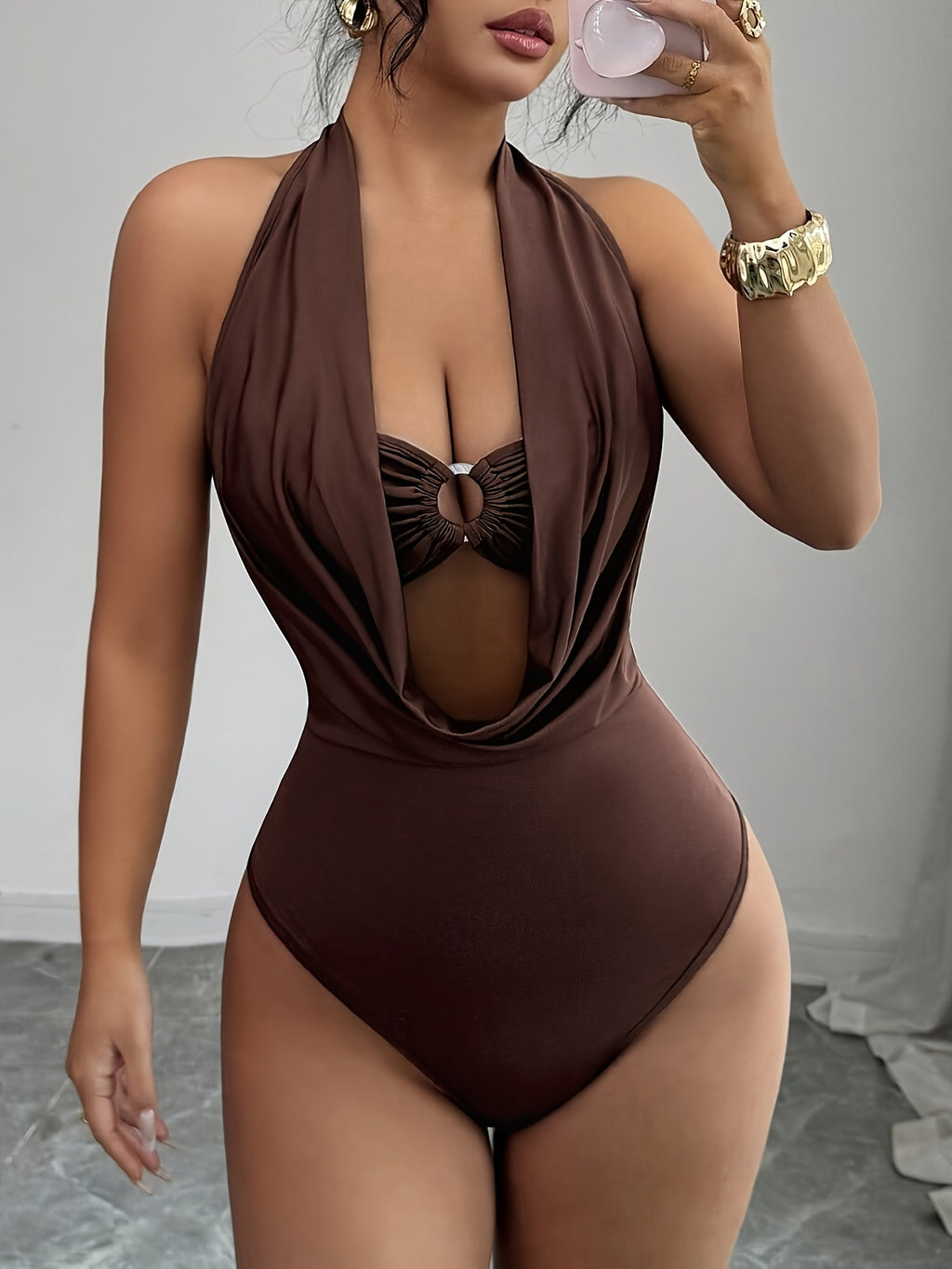 New Women's Solid Color Fashionable Summer Halter Neck Hollowed-out Bodysuit, Sexy Backless Tight-fitting Bodysuit, Slim Fit Bodysuit - 【Brown】