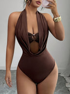 New Women's Solid Color Fashionable Summer Halter Neck Hollowed-out Bodysuit, Sexy Backless Tight-fitting Bodysuit, Slim Fit Bodysuit - 【Brown】