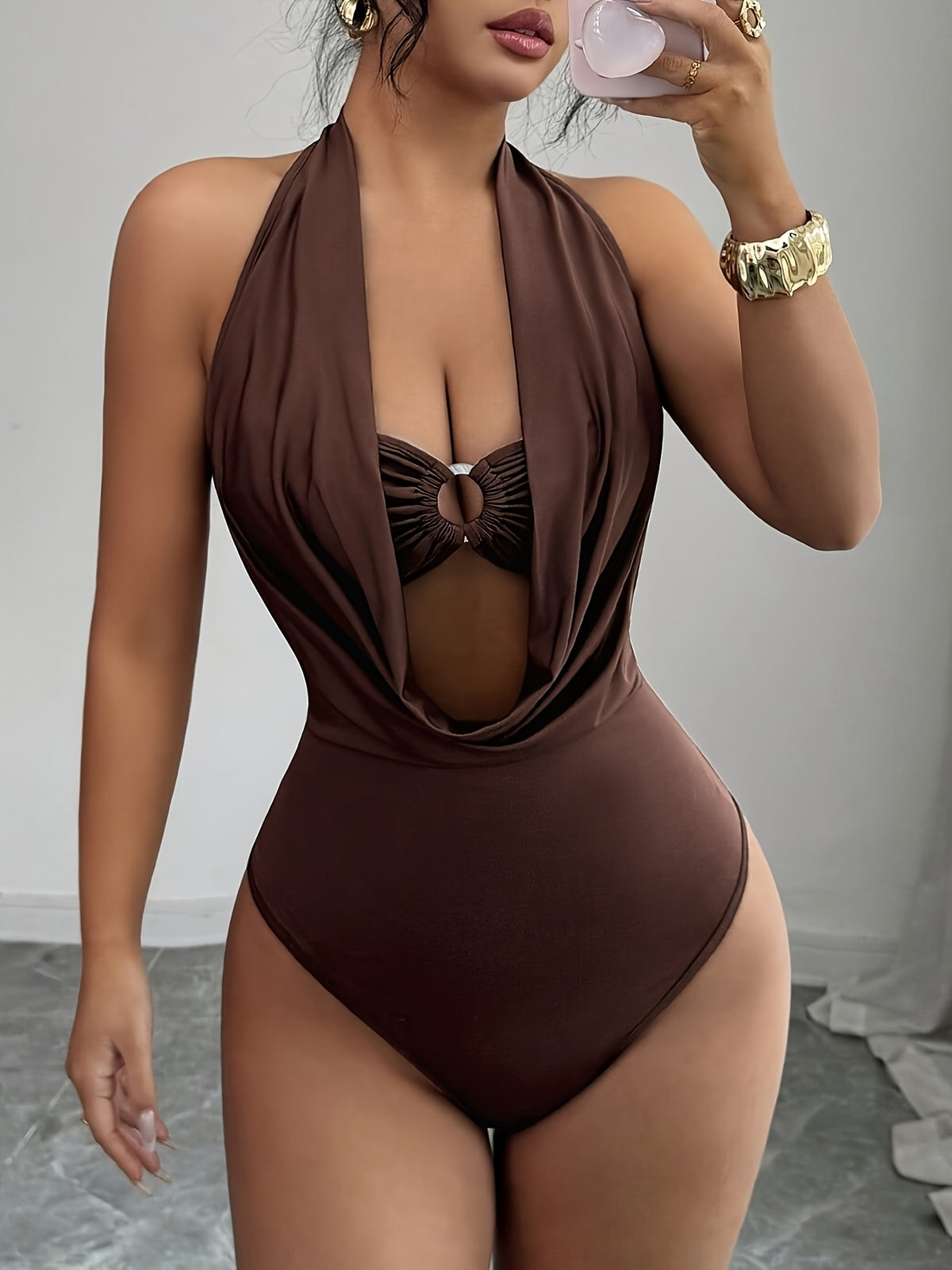 New Women's Solid Color Fashionable Summer Halter Neck Hollowed-out Bodysuit, Sexy Backless Tight-fitting Bodysuit, Slim Fit Bodysuit - 【Brown】