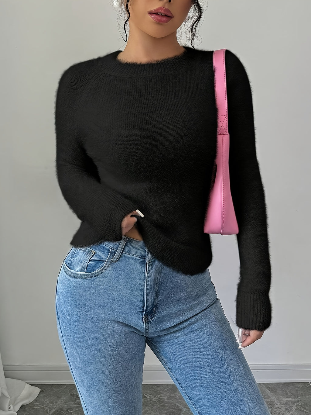 Elegant Women'S Autumn Winter Round Neck Faux Fox Pullover - Black