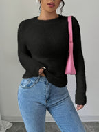 Elegant Women'S Autumn Winter Round Neck Faux Fox Pullover - Black