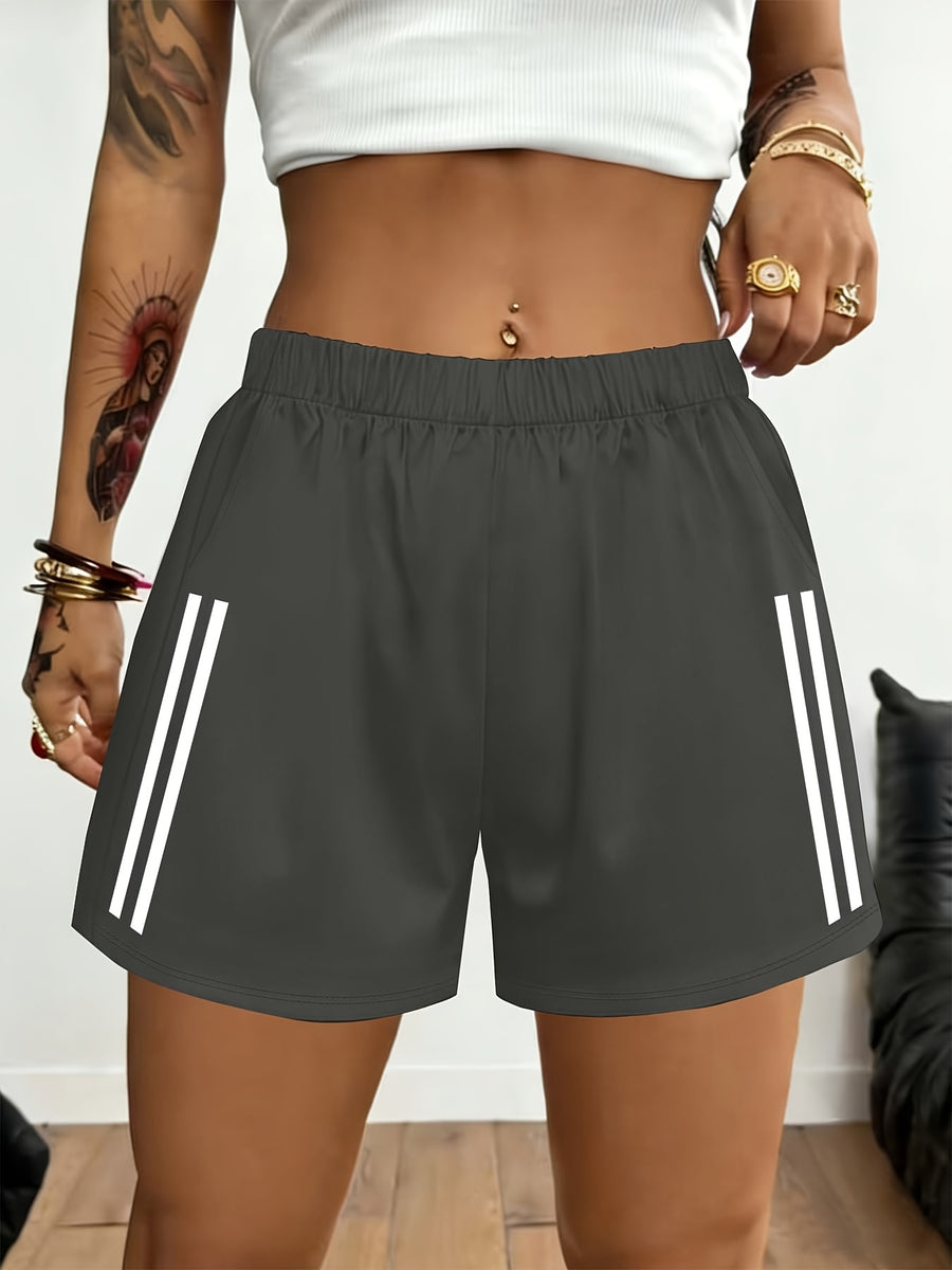 2026 Spring/Summer New Women'S Bottoms Minimalist Fashion White Striped Print Light Daily Home Leisure Comfortable Elastic Waist Shorts with Pockets on Both Sides - Dark Gray